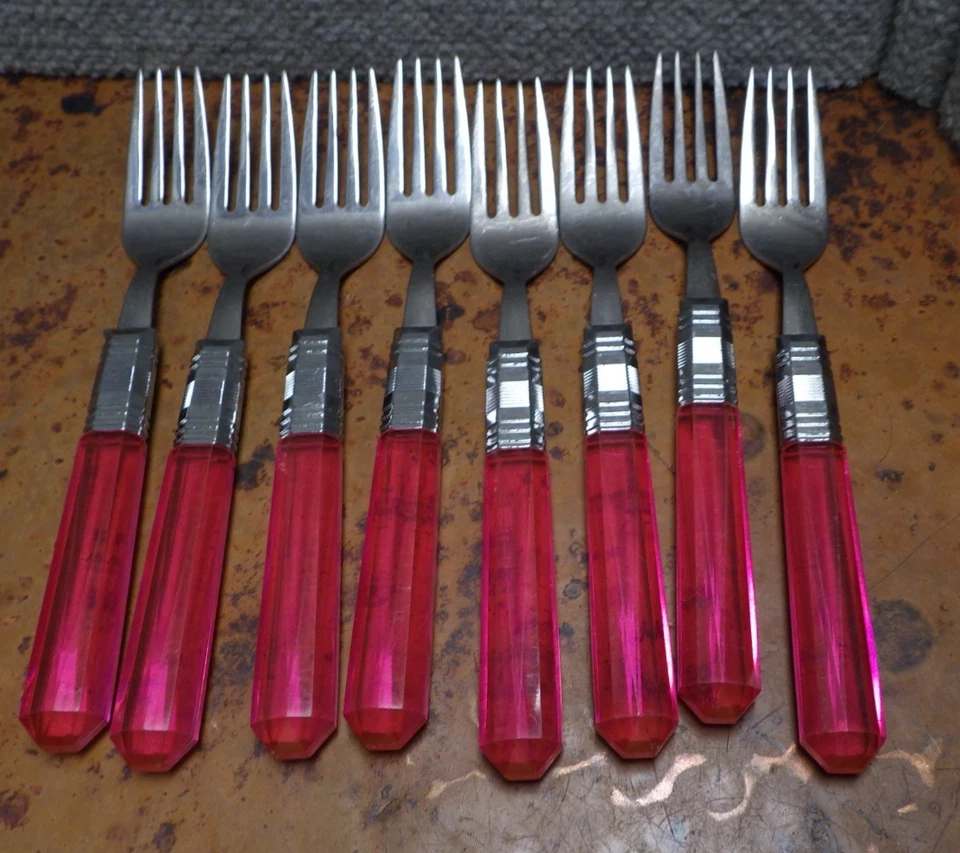 30 Stück Edelstahl Besteck Gabeln Messer Löffel Set Rosa Acryl Kunststoff Griffe C2 - Bild 2 von 4