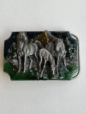 Vintage Western SISKIYOU 1989 Horses Grazing Enameled Belt Buckle