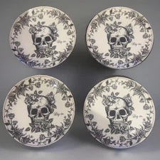 10 Strawberry Street Halloween “Dig In” Sugar Skull 8” Salad Plates Set of 4 New