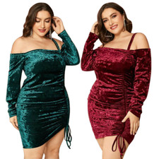 Plus Size Women Boat Neck Long Sleeve Drawstring Solid Velvet Bodycon Dress