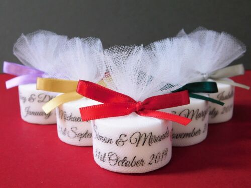 Personalised Wedding Favour Tealight Candle With Hearts Choice 34 Colours - Picture 1 of 7