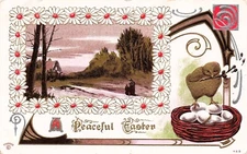 Easter Peace Peaceful Chick Bird Nest Daisies Frame Dirt Road Vtg Postcard H41