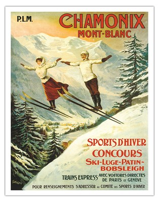 Chamonix Mont-Blanc - France Winter Sports - Vintage Railroad Travel Poster 1910