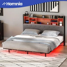 81"x56" Full Size Bed Frame w/ Headboard Storage Shelves & Remote LED Lights