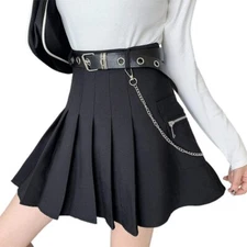 Women's High Waist Belted Chain A Line Pleated Slim Fit Short Skirt Bk W30