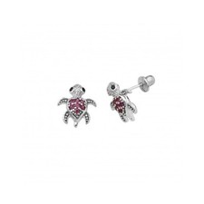 .925 Sterling Silver Pink Cubic Zirconia Baby Turtle Stud Earrings Screw Back