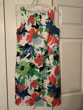 *ANN TAYLOR WHITE/BLUE/PINK/BLACK FLORAL PRINT SLEEVELESS SHEATH DRESS SZ 4 #875