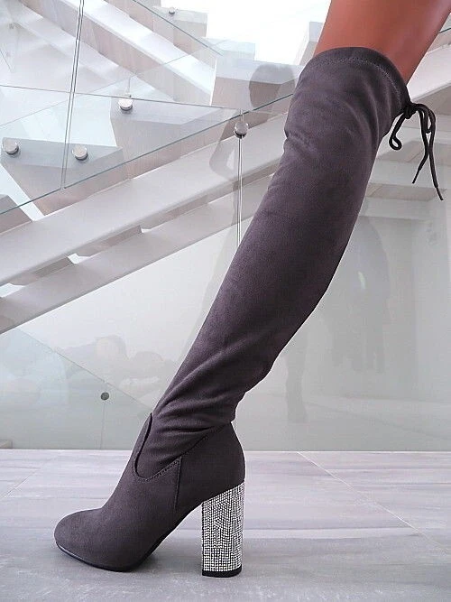 Mellisa Original Cristales Tacones Altos Sobre la Rodilla Botas Gris 37 - Imagen 3 de 4