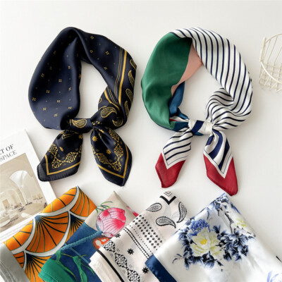 Women Elegant Square Silk Feel Satin Scarf Small Retro Head Neck Hair Tie Band  