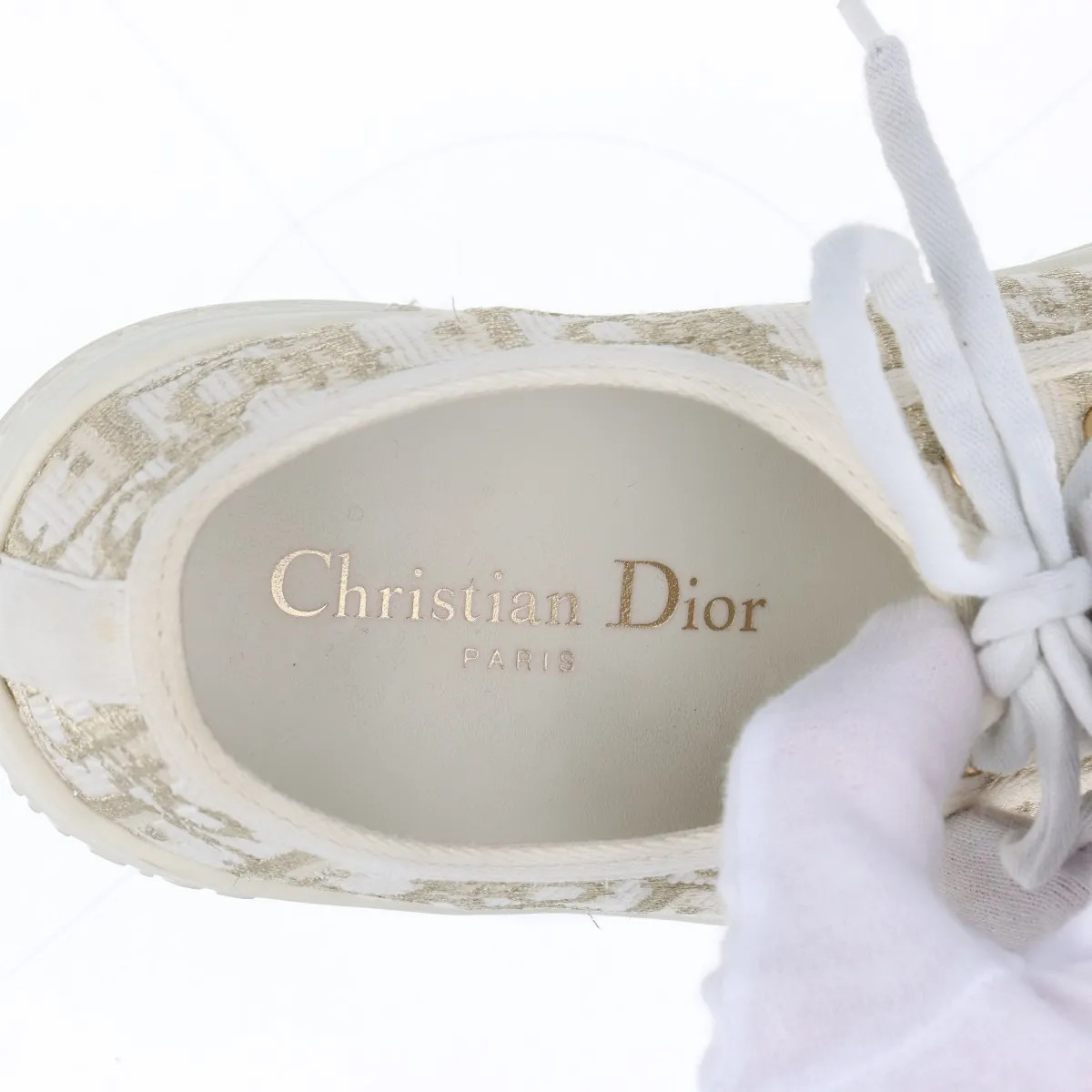 Christian Dior WALK'N'DIOR Leather x fabric Sneakers 36 Ladies' Ivory x gold LS1 thumbnail 9