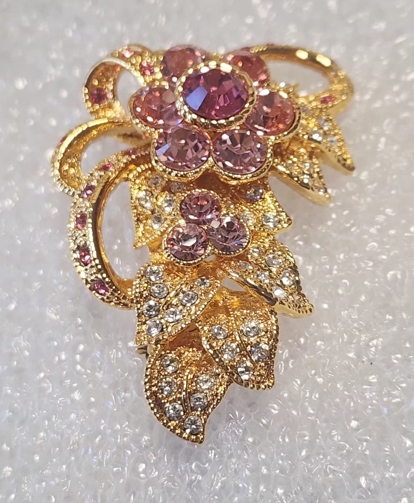 JBK Camrose & Kross Signed Vintage Gold Tone Pink Clear Flower Brooch IOB  C499