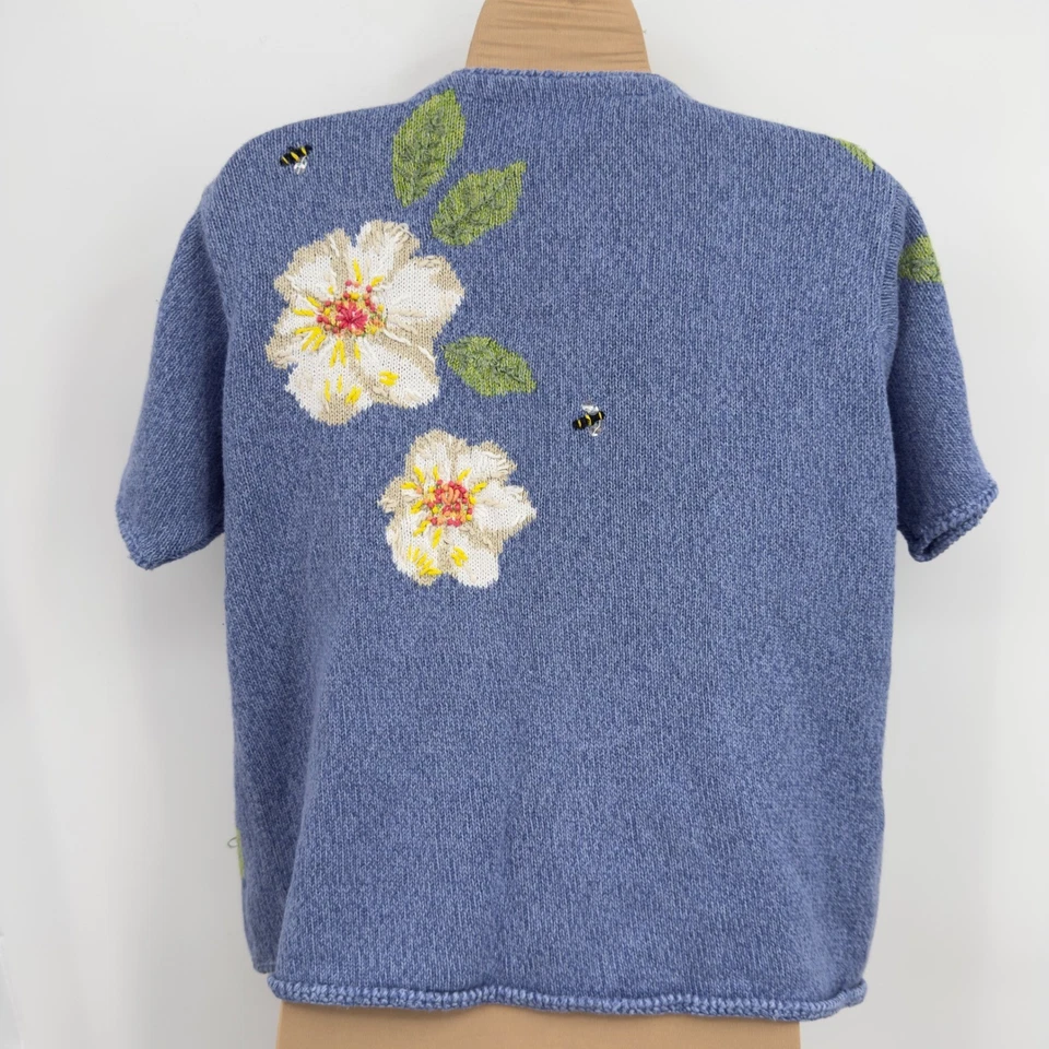 Vintage Floral Bee Knit Cardigan Sweater Y2K Ramie Cotton Susan Bristol M Mori - Image 4 of 4