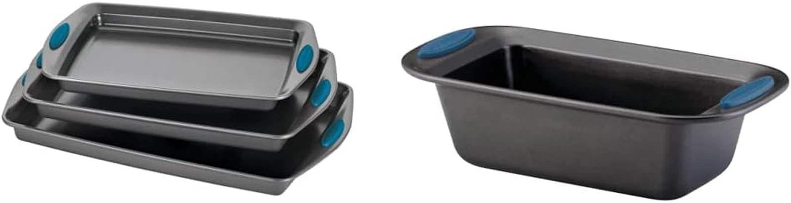 Bakeware Nonstick Cookie Pan Set, 3-Piece, Gray with Marine Blue Grips & Yum-O!