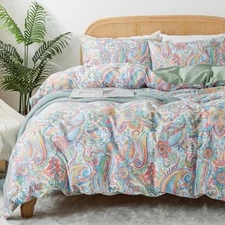  Pink Green Duvet Cover Set King Size 100% Percale Cotton Paisley Comforter 