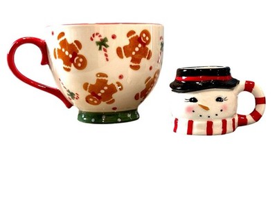 Sleigh Bell Bistro Gingerbread Cocoa Cup Snowman Mini Mug Holiday Set Two Pieces