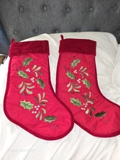 C & F Enterprises 2 Christmas Stockings *  Red  With Green Holly and Berries
