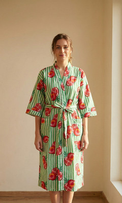 Indian Green Pomegranate Cotton Robe Long Kimono Sleepwear Night Kimono Robes US