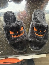 Women's Halloween Jack-o'-Lantern Embroidered Faux Fur Slide Slippers 9