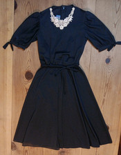 Vtg 70s Cut-Ups Dress Junior 9 Black Whimsigoth Goth Sheer Puff Sleeve Lace Neck