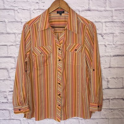 Notations blouse women's petite size PL orange button front striped long sleeve