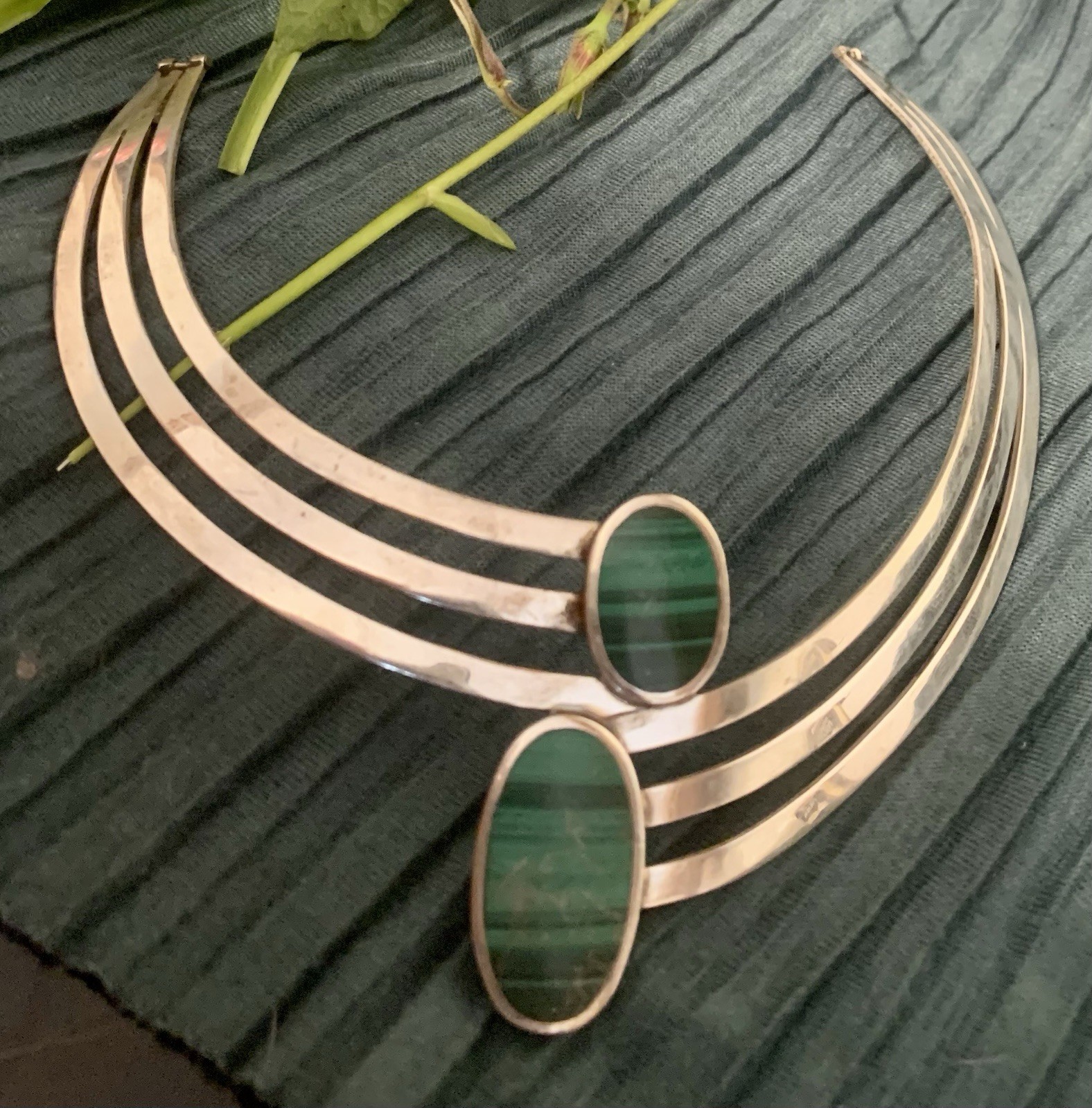 Solid Sterling Silver Malachite Collar Necklace C… - image 9
