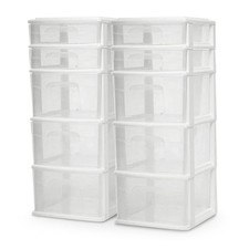 Homz Clear Plastic 5 Drawer Home Storage Container Tower, White Frame 2 Pack
