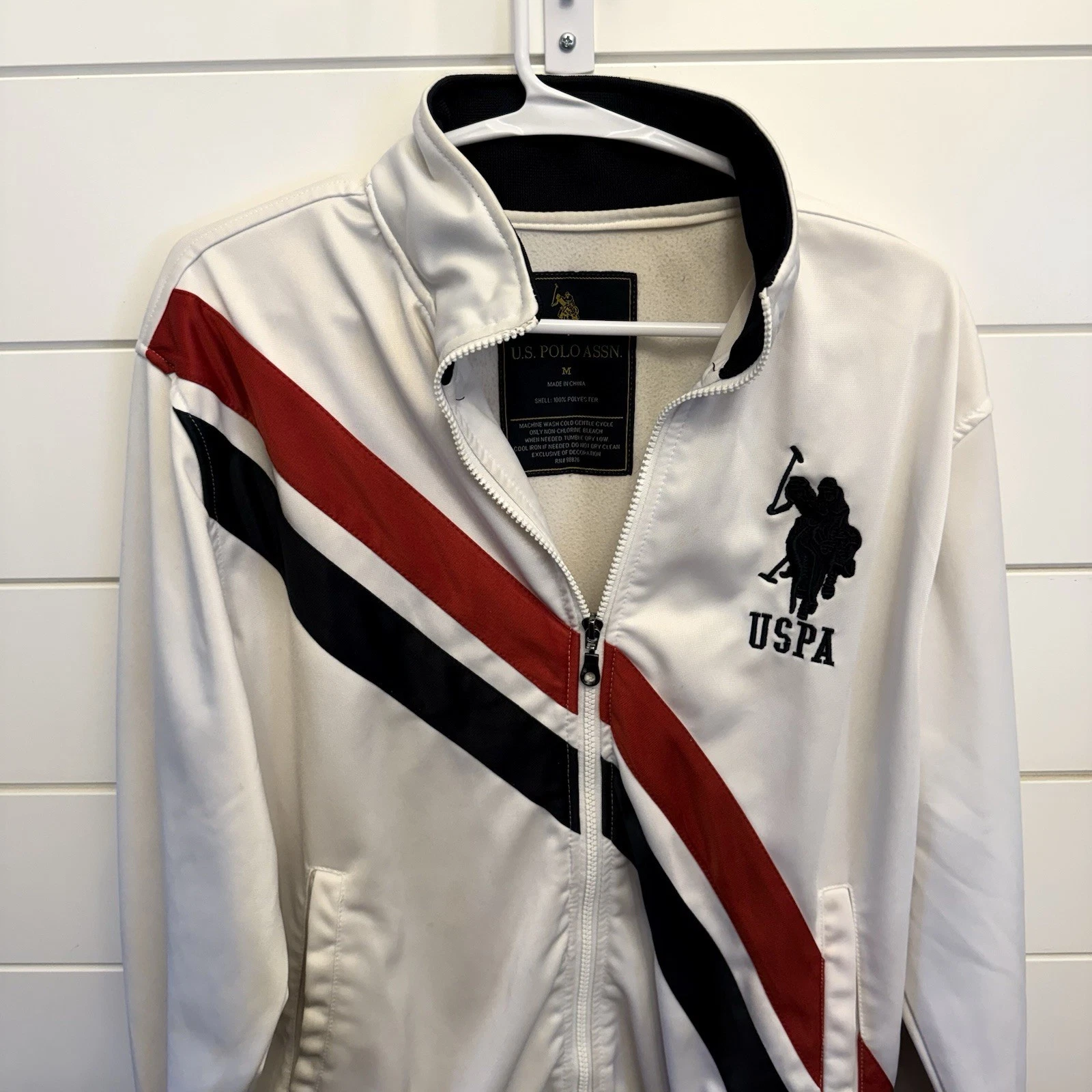 Vtg U.S. Polo Assn. Full Zip White Jacket w/ Red & Blue Diagonal Stripes-Logo-M