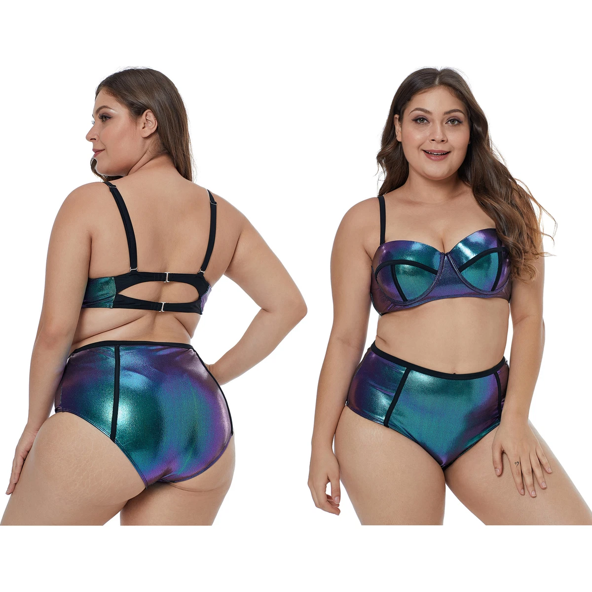 Shiny metallic look plus size bikini swimwear pool summer high waist women