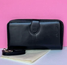 Alena Culian Black Faux Leather Wallet Wristlet Zip Around Clutch with Dust Bag