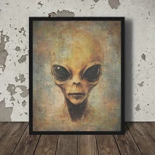 Vintage ALIEN Portrait Wall Art, Retro Sci-fi Cryptid Decor, Grey UFO UAP Poster
