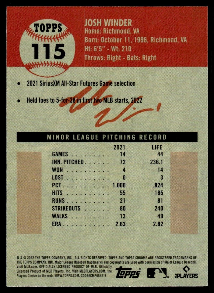 2022 Topps Chrome Platinum BLACK AND WHITE Josh Winder Rookie Minnesota Twins - Image 2 of 2