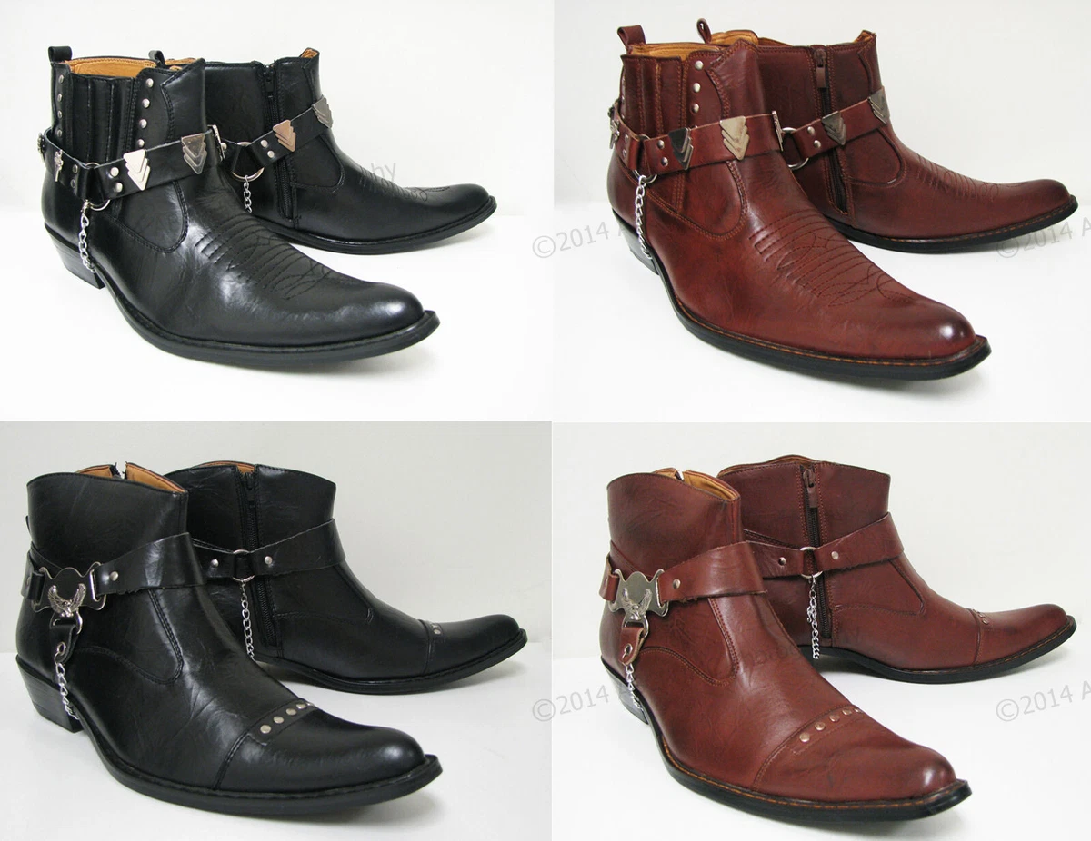 NIB Men s Western Cowboy Boots Slip On Winter Shoes Ankle Harness Strap Sizes