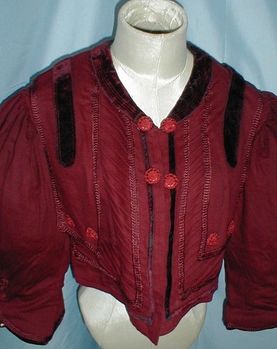 Antique Dress Jacket Burgundy Wool Victorian 189o's Velvet Trim Balloon Sleeves - Picture 2 of 7