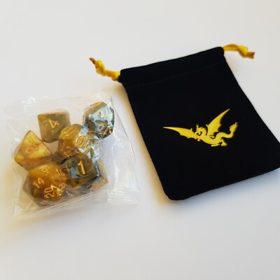 Würfel RPG Rollenspiele Set 6 Filzbeutel mehrseitig marmoriert Resin vergoldet Zahl