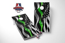 American Flag Wavy Black and White Thin Green Line Cornhole Board Vinyl Wrap Set