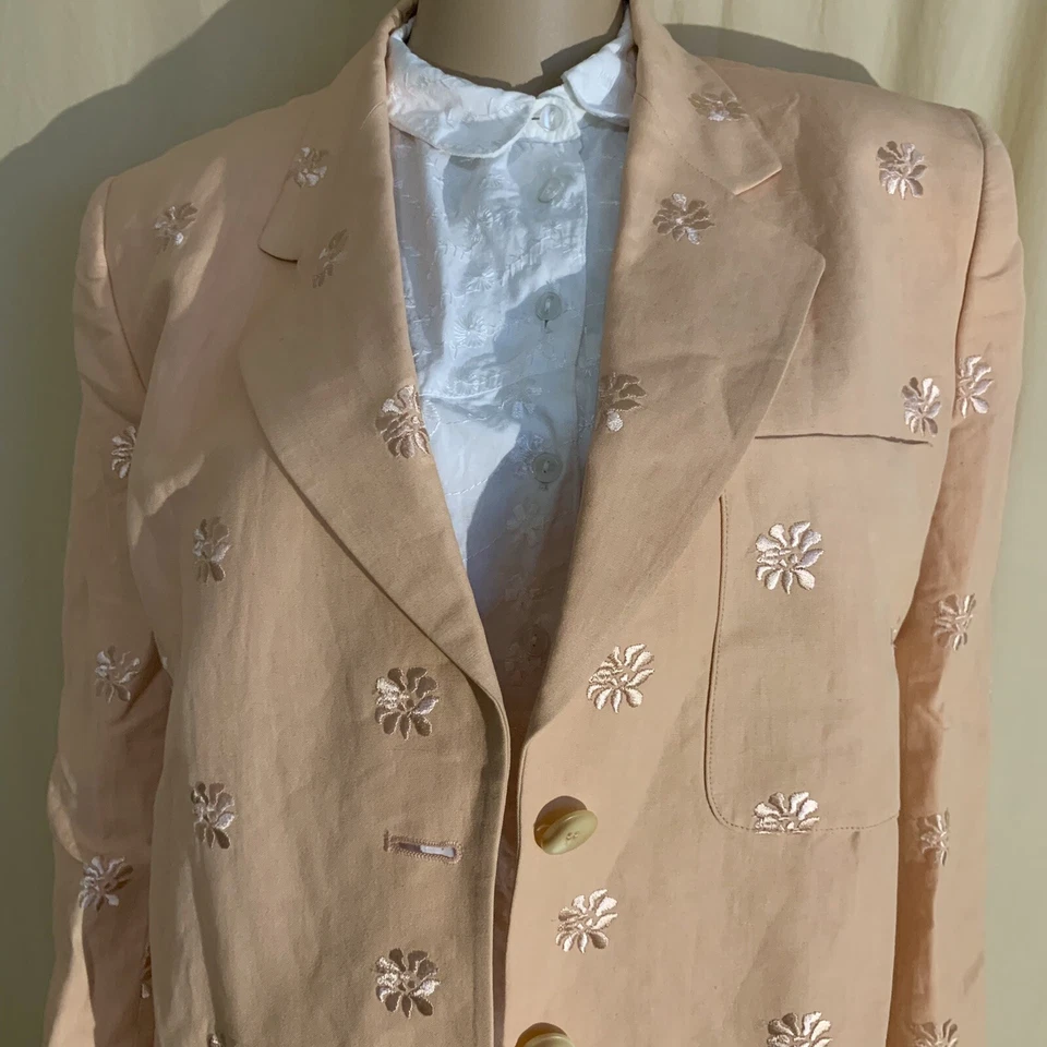 Blazer Vintage Años 80 90 Dana Buchman Rosa Salmón Floral Bordado Lino Rayón Foto 4 de 4