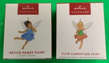 PETITE PANSY FAIRY & CUTE CARNATION FAIRY - 2 Hallmark Miniature Ornaments - NEW