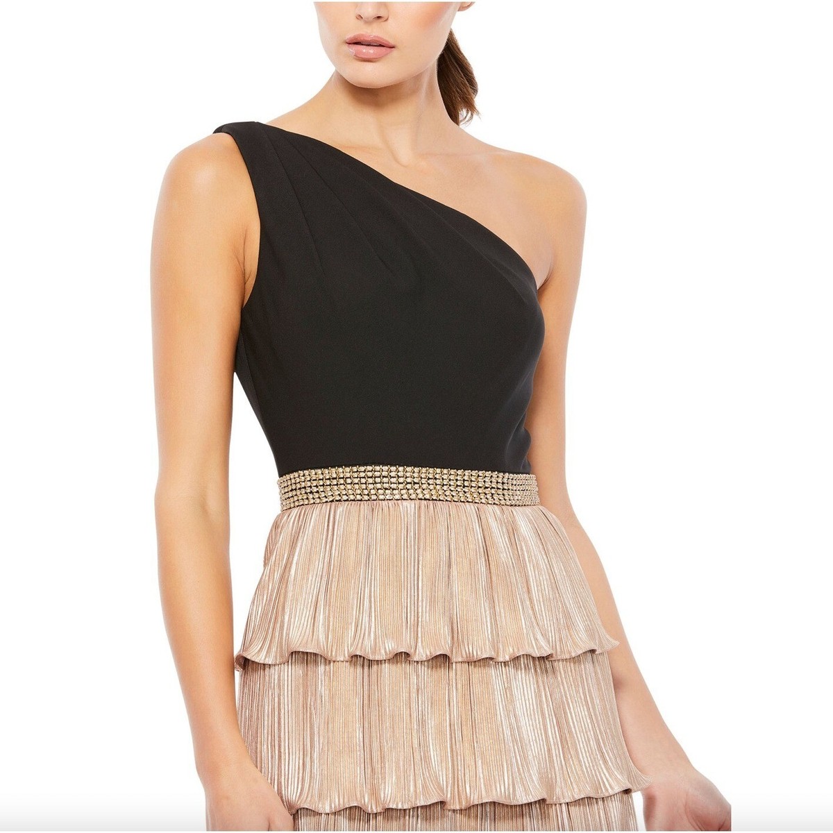 mac duggal ruffle tiered metallic ruched shoulder dress Mac Duggal Women's Ruffle Tiered Metallic Ruched Shoulder Dress