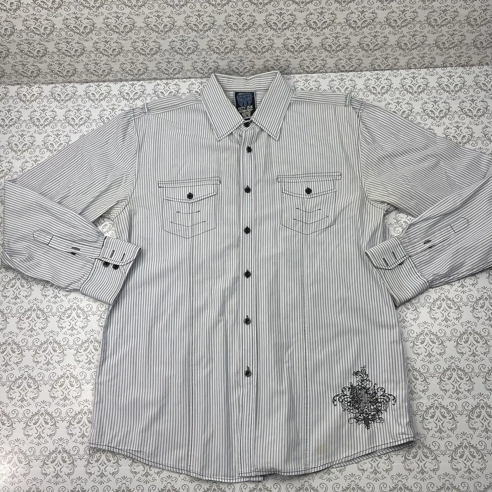 City Ink Castel Betrano Striped Button Up Big Crest Back Logo Shirt Men’s XL - Image 2 of 4