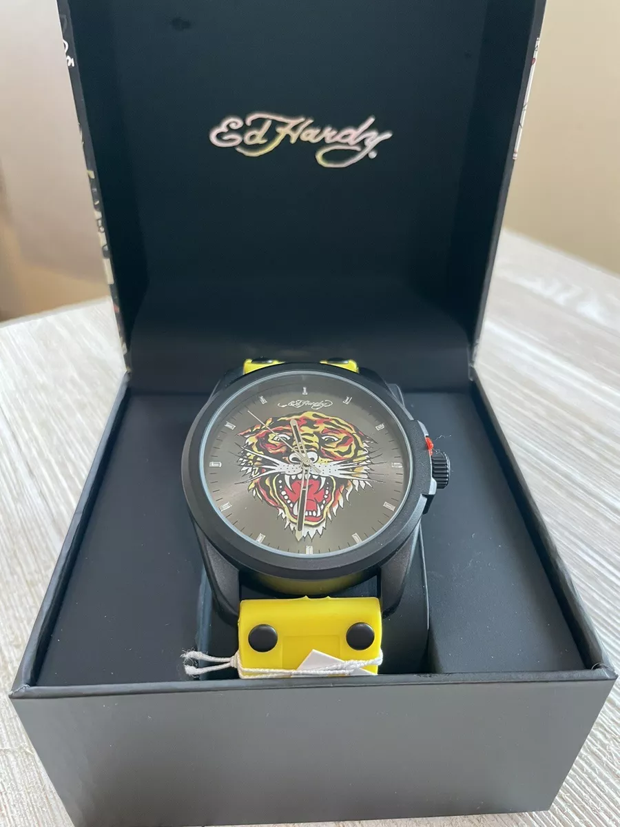 Ed Hardy Men s Matte Yellow Silicone Strap Tiger Watch 46mm eBay
