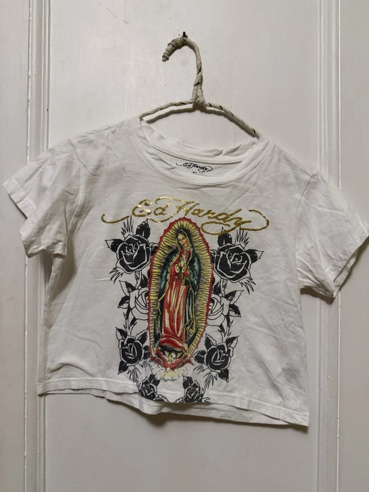 Top vintage Ed Hardy Dama de Guadalupe para mujer pequeño manga corta cuello redondo Foto 2 de 4