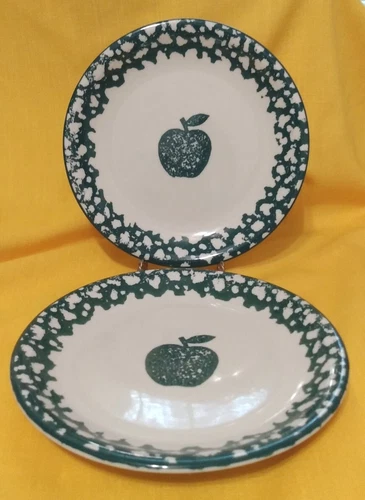 Tienshan Folk Craft~ Apple Green Sponge~ 7.5" Salad/Dessert Plates ~SET OF 2 ~EC