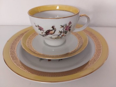 8tlg. KaffeeService SEP Porzellan W7 GDR DDR Kaffeetasse Kuchenteller Gold Vögel
