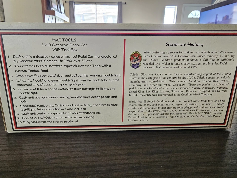 Mac Tools Pedal Car 1940 Gendron Custom Load Red 1:6 Scale by Crown Premium - Image 3 of 4