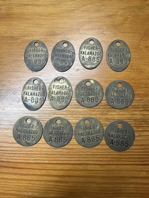 #ad Vintage Brass Tags 12 Fisher Kalamazoo Metal Number Tag A 885 Set 12 $36.00