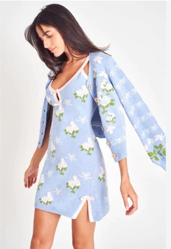 LoveShackFancy LOPEZ MINI Suéter Vestido de Malha PERIWINKLE POMAR Arcos Florais XS