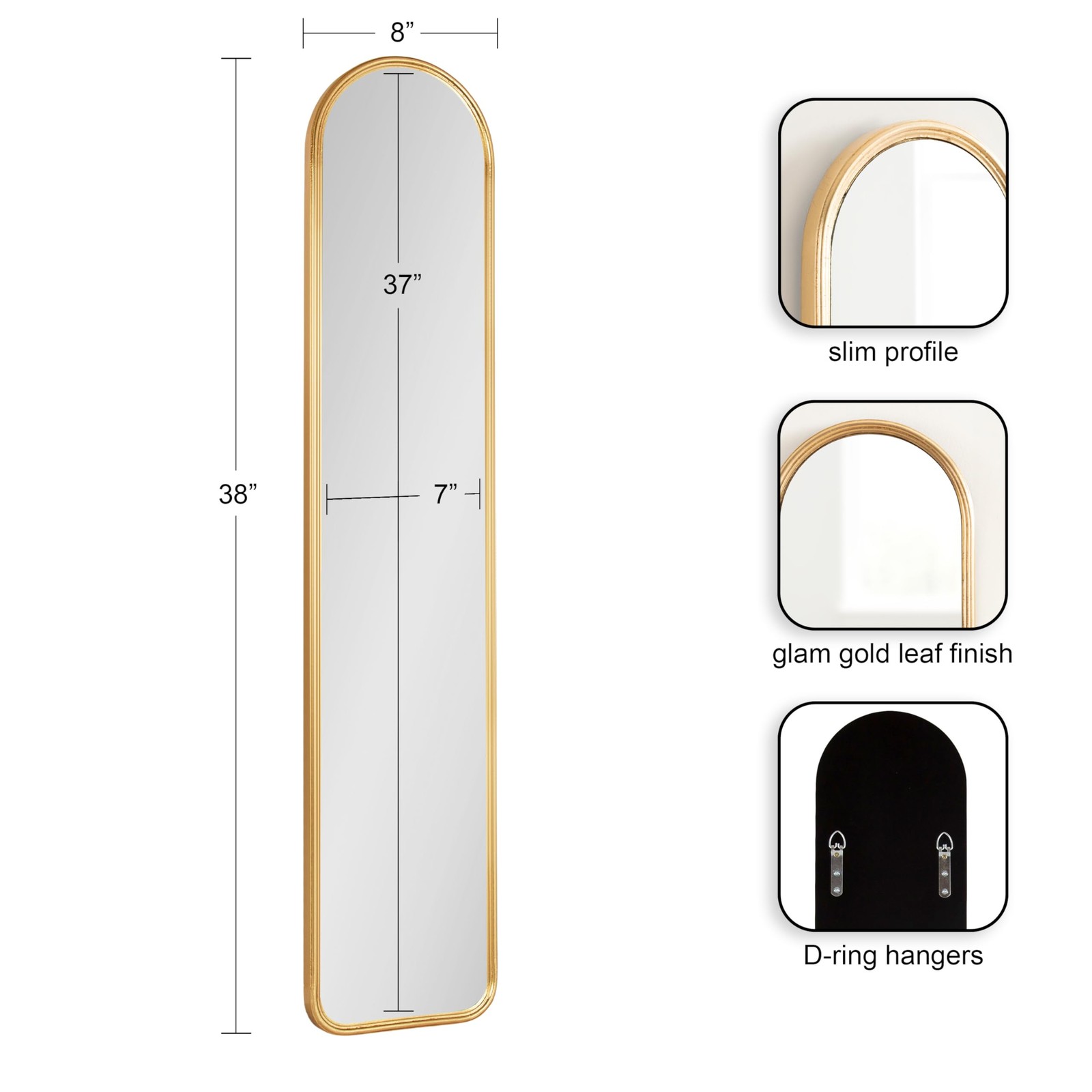 Caskill Slim Panel Wall Mirror; 8 x 38; Gold; Glam Tall Arch Mirror Wall Deco...