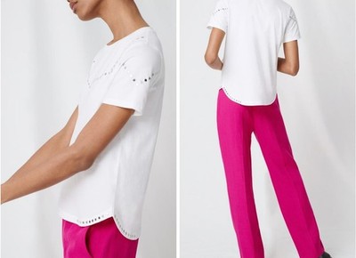 Maje Studded White 100% Cotton Short Sleeve T-Shirt Size 2