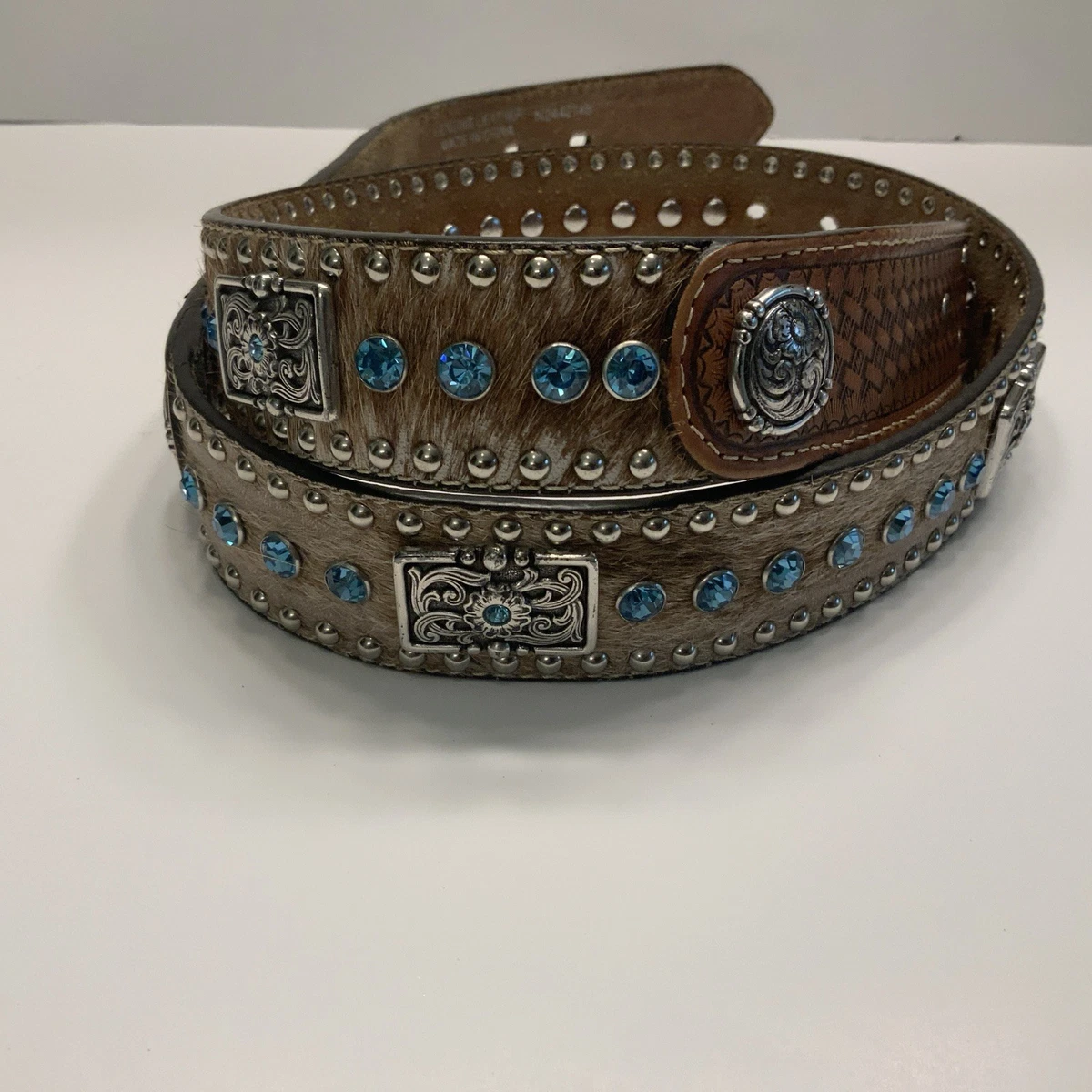 3-D Belt Womens Blue Tooled Leather Rhinestone Western Cowgirl Belt Size 32 647 Heavy Duty Brown Tooled Leather Western Belt with Blue  main image 4