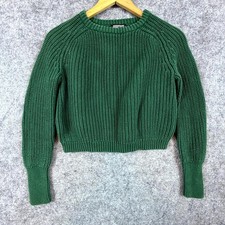 American Apparel Crop Sweater Womens Small Green Cotton Fisherman Knit Crew Neck